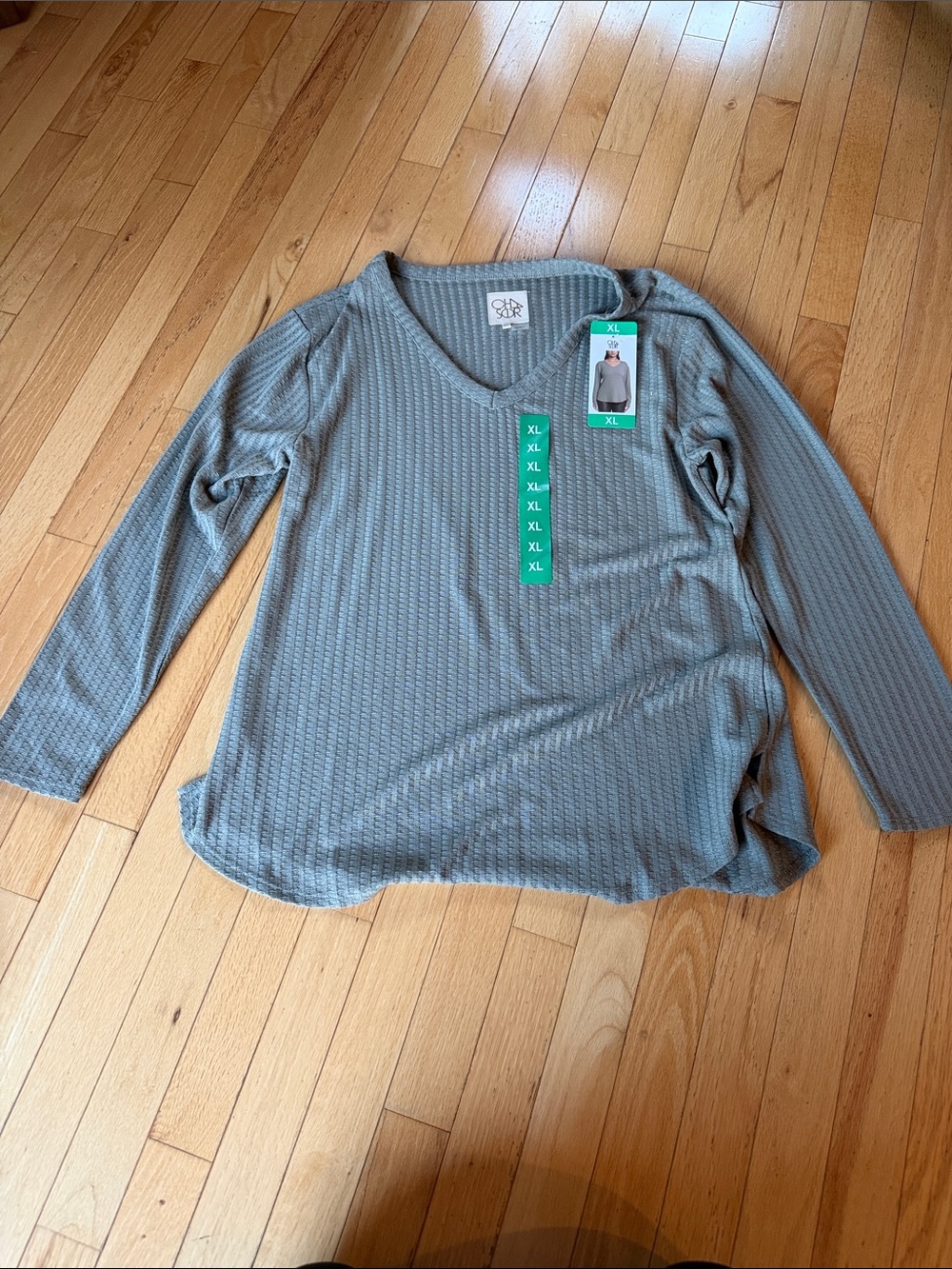 Cathy Daniels Olive-Gray Waffle Knit V-Neck Long Sleeve Top